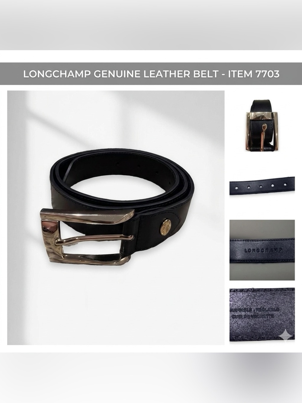 Longchamp Black Leather Belt With Gold Buckle Size 35” Adjustable “Cut To Size”